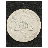 1852 Us Silver Three Cent Trimes Coin