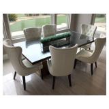 Large wood dining table w/6 chairs, glass top &