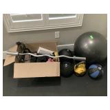 Weight lifting bar w/gym accessories, yoga ball,