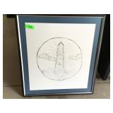 Signed Burke Framed Lighthouse Pencil Drawing