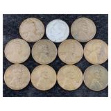 1951 Silver Dime & 10 Wheat Pennies