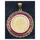 1881 $10 Gold Coin W/14k Bezel & Rubies, Tw 31g
