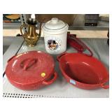 Enamelware red and white,  Mickey cookie jar and