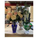 2 Vases W/ Faux Flowers & Bowl
