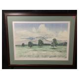 This is a framed pastoral, watercolor, landscape,