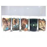 Five plastic drink cups advertising moviesï¿½.4 are