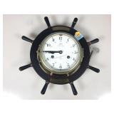 Brass and wood key wind, royal marine clock made
