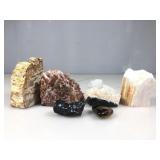 Six various geological items: petrified, wood,