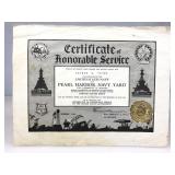 WWII Pearl Harbor Honorable Service Award Signed