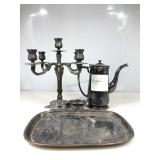 Vtg 5 Arm Candelabra & 3pc Silverplated Coffee