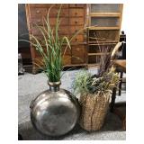 Metal plant Vase & wicker basket w/faux plants,