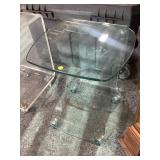 Glass rolling side table w/wheels, one piece,