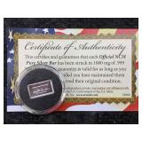 1g - .999 Fine Silver Bar W/certificate