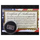 1g - .999 Fine Silver Bar W/certificate