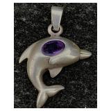 Sterling Silver Dolphin Pendant W/amethyst Tw 2.6g