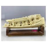 Vtg Chinese Pleasure Boat Bone Carving 5.5in Long