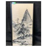a framed, vertical ink wash landscape painting in