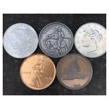 5 Oversized Faux Us Coins, See Photos, Sz 3in Diam