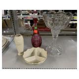 Large Glass Dish, Cranberry Flash Cut To Clear &