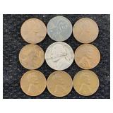 8 Wheat Pennies & 1958 Nickel