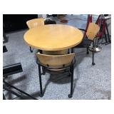 Heavy wood round table w/3 rolling chairs, approx