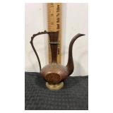 Brass handled pitcher. Peacock red 6" tall