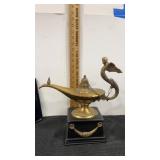 Brass Aladdin Genie Lamp sculpture on black base