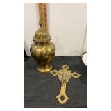 11"  brass lidded Urn and brass cross