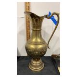 Large brass pitcher with etched detailing  21"