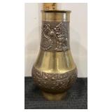 Embossed brass  cylinder vase Dragon foo Dog sun