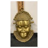 Brass tribal mask wall plaque  11.25" tall