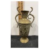 Engraved brass urn vase double handle cobra snake