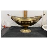 Brass pedestal  oval bowl with ornate handles