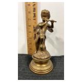 Brass angel playing flute on pedestal figure