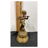Brass angel playing flute on pedestal figure 7.5"