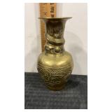 Mid century hand etched heavy brass vase  7"