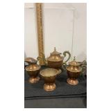 Brass and copper tea pot , sugar and creamer