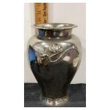 Embossed silver color metal vase  9" tall