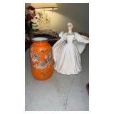 Orange dragonware vase Porcelain woman missing a