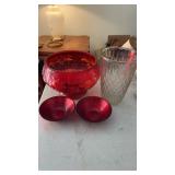 Unmarked Ruby red glass bowl  , clear vase and 2