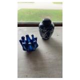 2 Blue Glass Items, Vase, Candle Holder