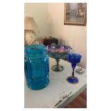 3 Blue Glass Items, Candle Holder, Bowl, Jar