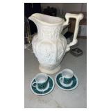 Decorative pitcher and 2 mini tea cups and