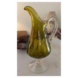 Green Hand Blown Glass Pitcher 12" Tall