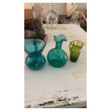 3 Crackle Glass Items, Water Pitchers, Vase 5.5"