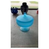 Tiffin Sky Blue Satin Glass Candy Dish with Lid