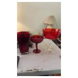 3 Ruby Red Glass Vases, (One Cracked)