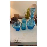 3 Blue Colored Glass Items, Water Pitcher, Jar,