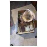 Box of baskets , photo frames,  hanging fabric