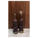 2 Hand, carved wood totem pole form table lamps
